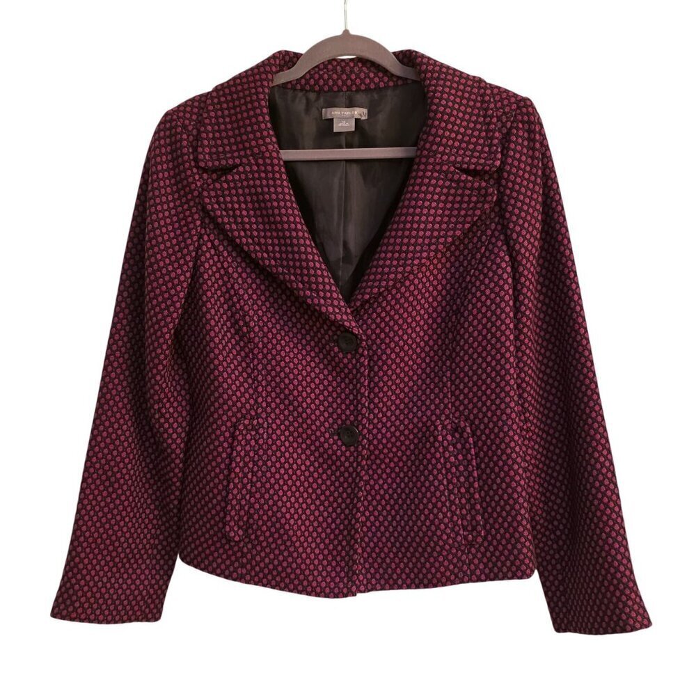 Ann Taylor Black Magenta Polka Dot Pattern Belted Back Blazer 12